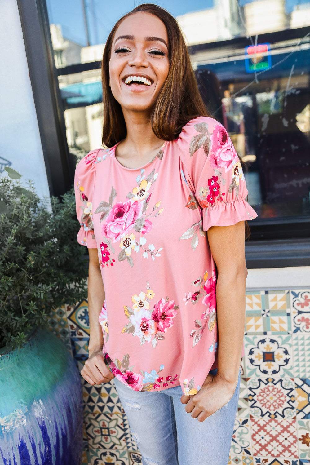 Mauve Floral Ruched Sleeve Top