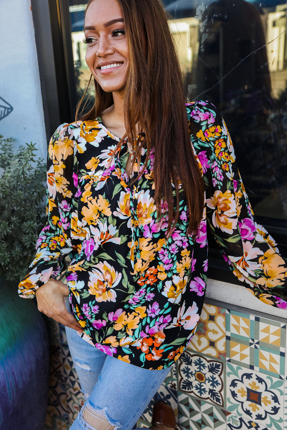Black & Multi Floral Woven Tie Top