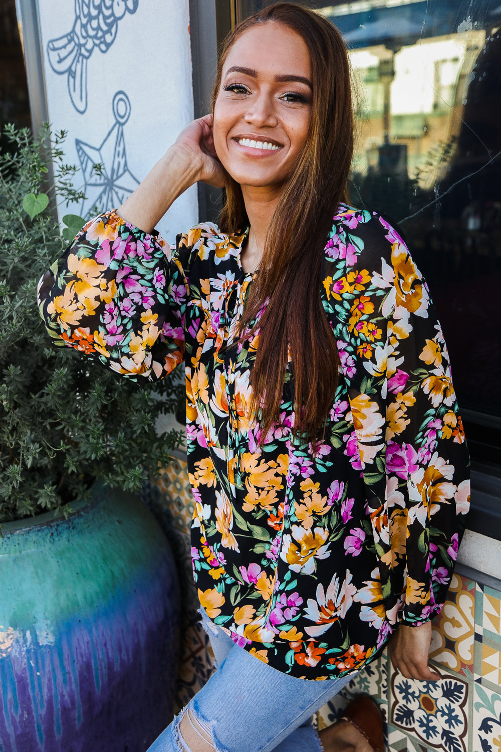Black & Multi Floral Woven Tie Top