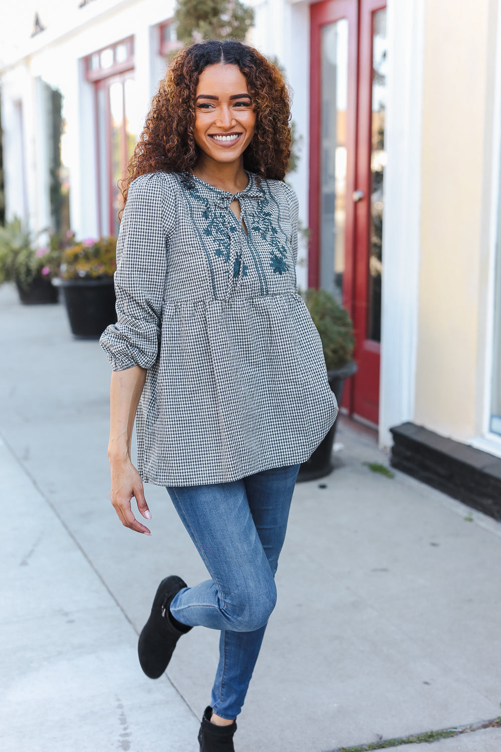 Charcoal & Teal Plaid Embroidered Top