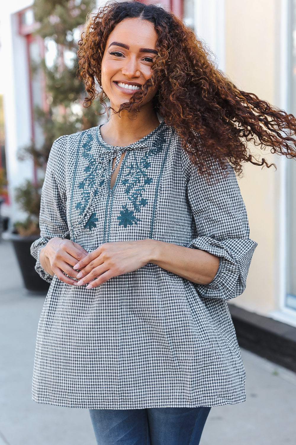 Charcoal & Teal Plaid Embroidered Top