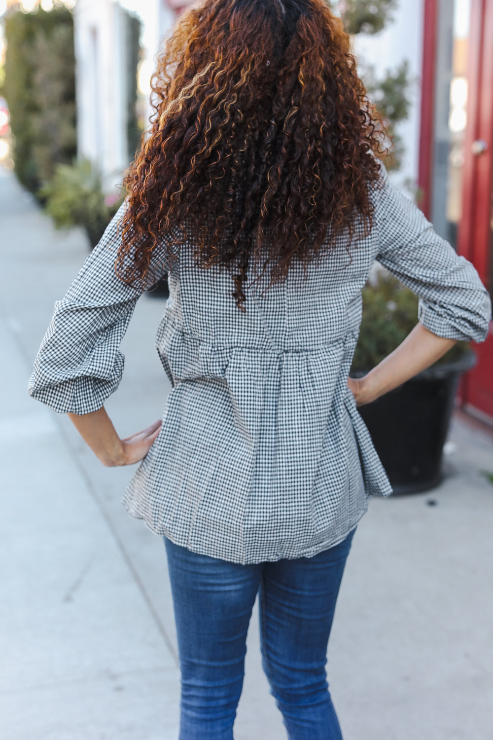 Charcoal & Teal Plaid Embroidered Top