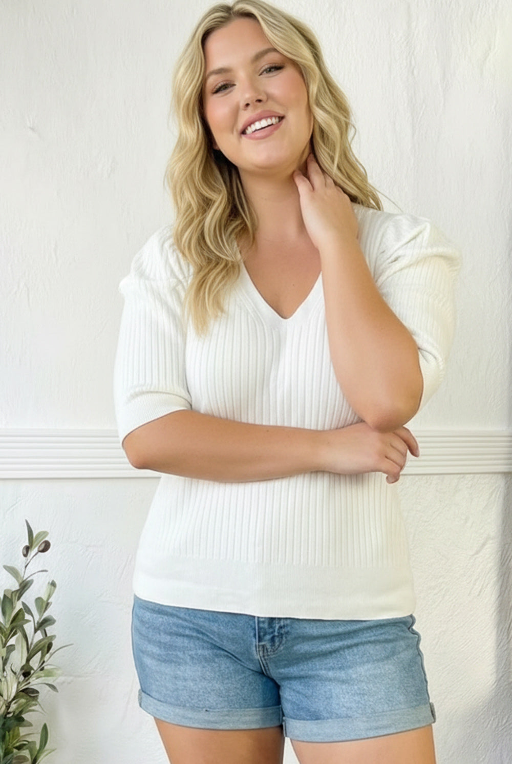 Plus Ivory Ribbed Blouse