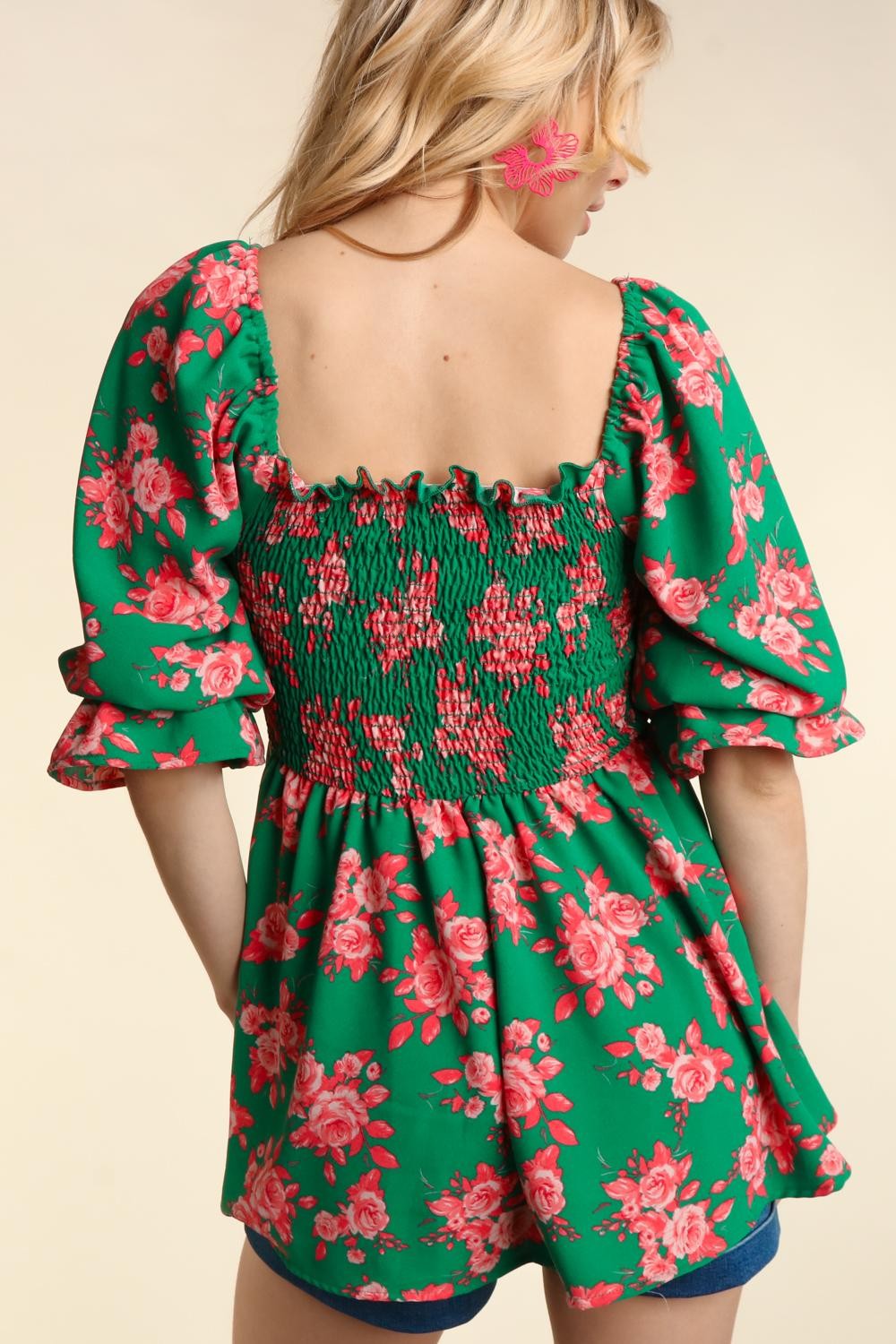 Green Coral Floral Smocking Fit & Flare Babydoll Woven Top