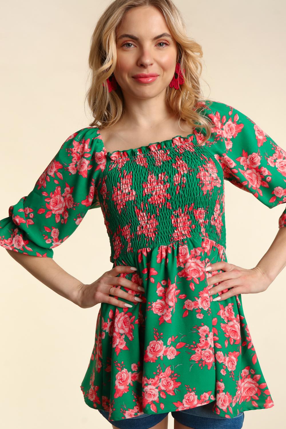 Green Coral Floral Smocking Fit & Flare Babydoll Woven Top