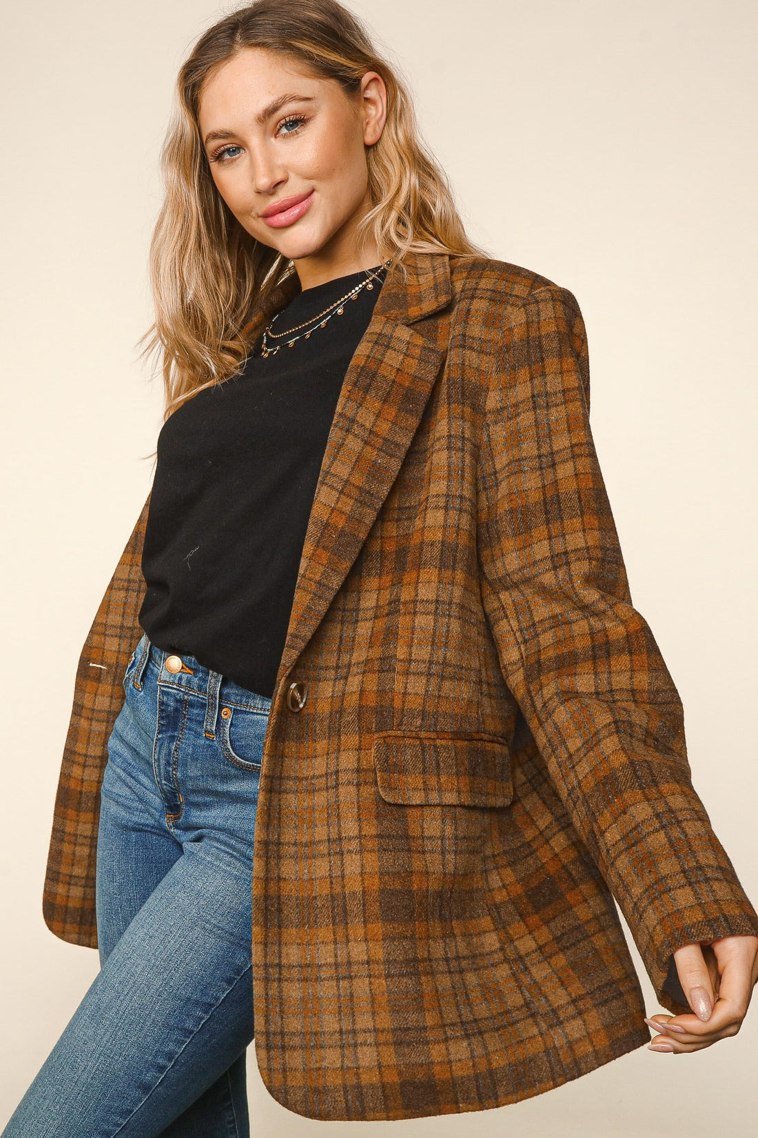 PLUS PLAID COLLAR AND LAPEL BUTTON DOWN BLAZER