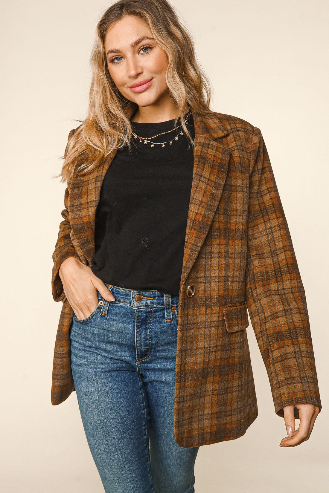 PLUS PLAID COLLAR AND LAPEL BUTTON DOWN BLAZER