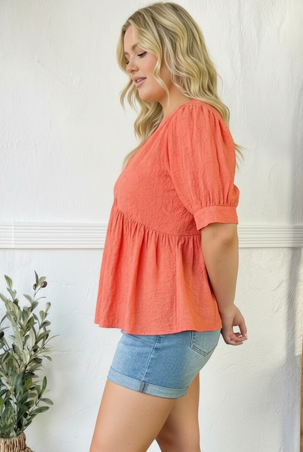 Plus Coral Embroidered Blouse