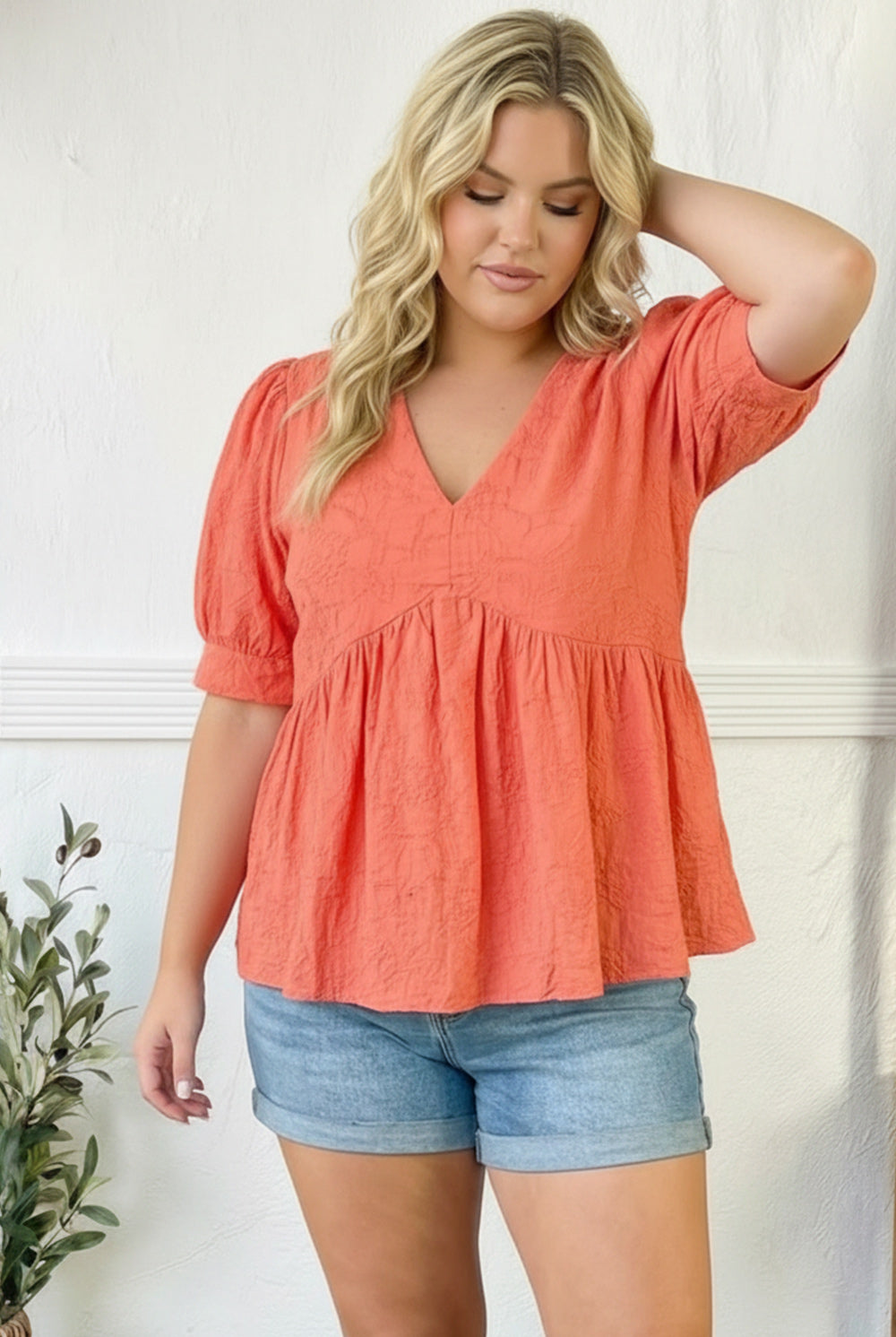 Plus Coral Embroidered Blouse