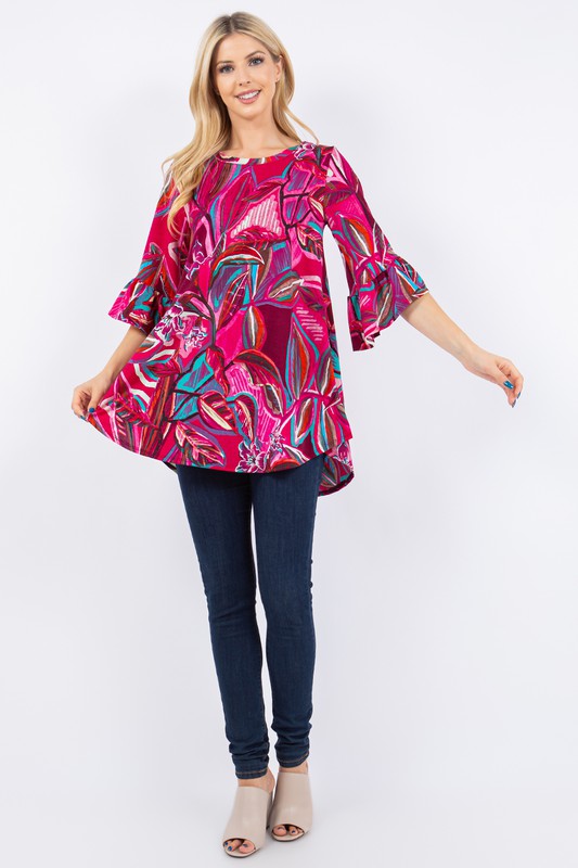 Magenta Print Design Bell Sleeve Top