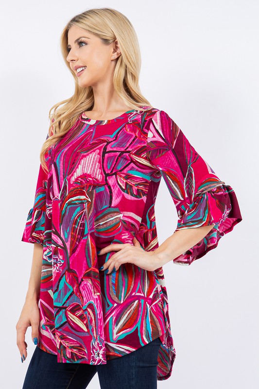 Magenta Print Design Bell Sleeve Top