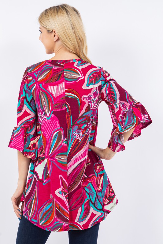 Magenta Print Design Bell Sleeve Top