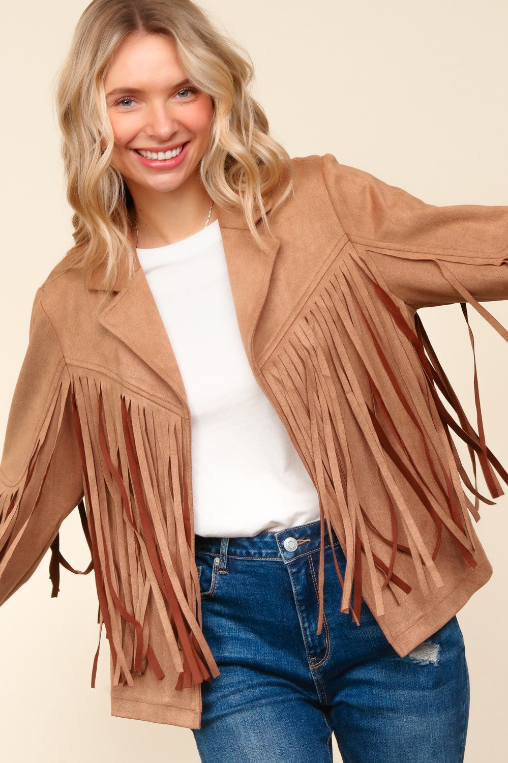 CAMEL SUEDE LONG SLEEVE FRINGE DETAIL OPEN JACKET