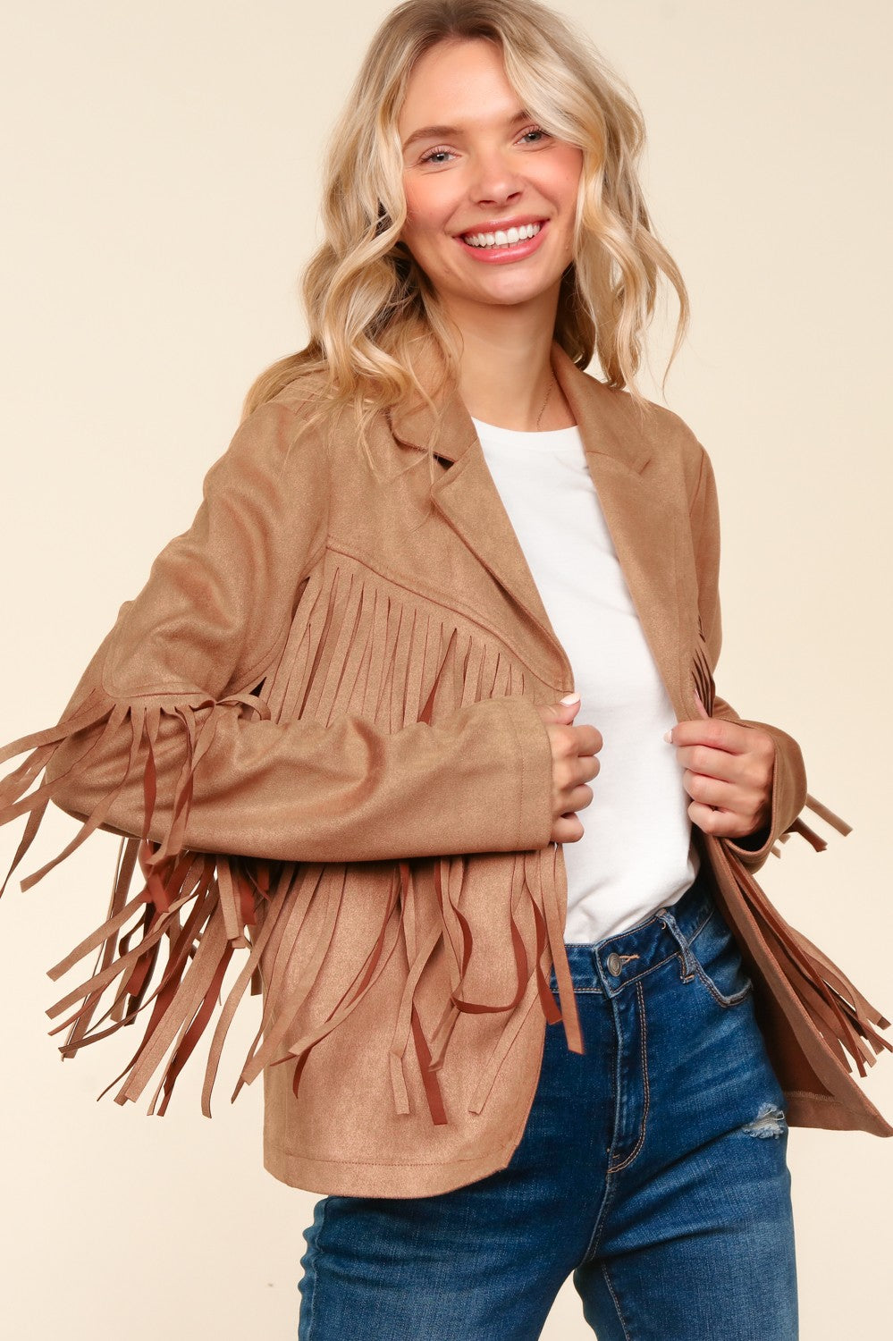 CAMEL SUEDE LONG SLEEVE FRINGE DETAIL OPEN JACKET