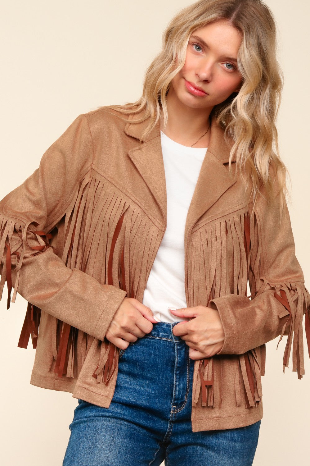 CAMEL SUEDE LONG SLEEVE FRINGE DETAIL OPEN JACKET