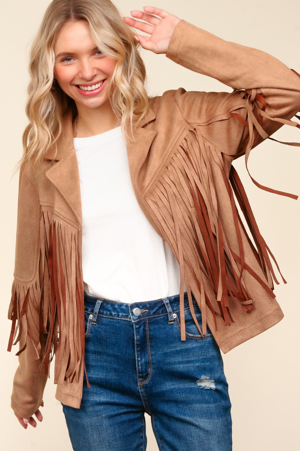 CAMEL SUEDE LONG SLEEVE FRINGE DETAIL OPEN JACKET