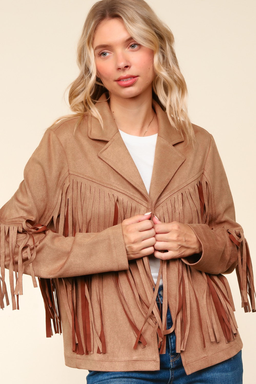 CAMEL SUEDE LONG SLEEVE FRINGE DETAIL OPEN JACKET