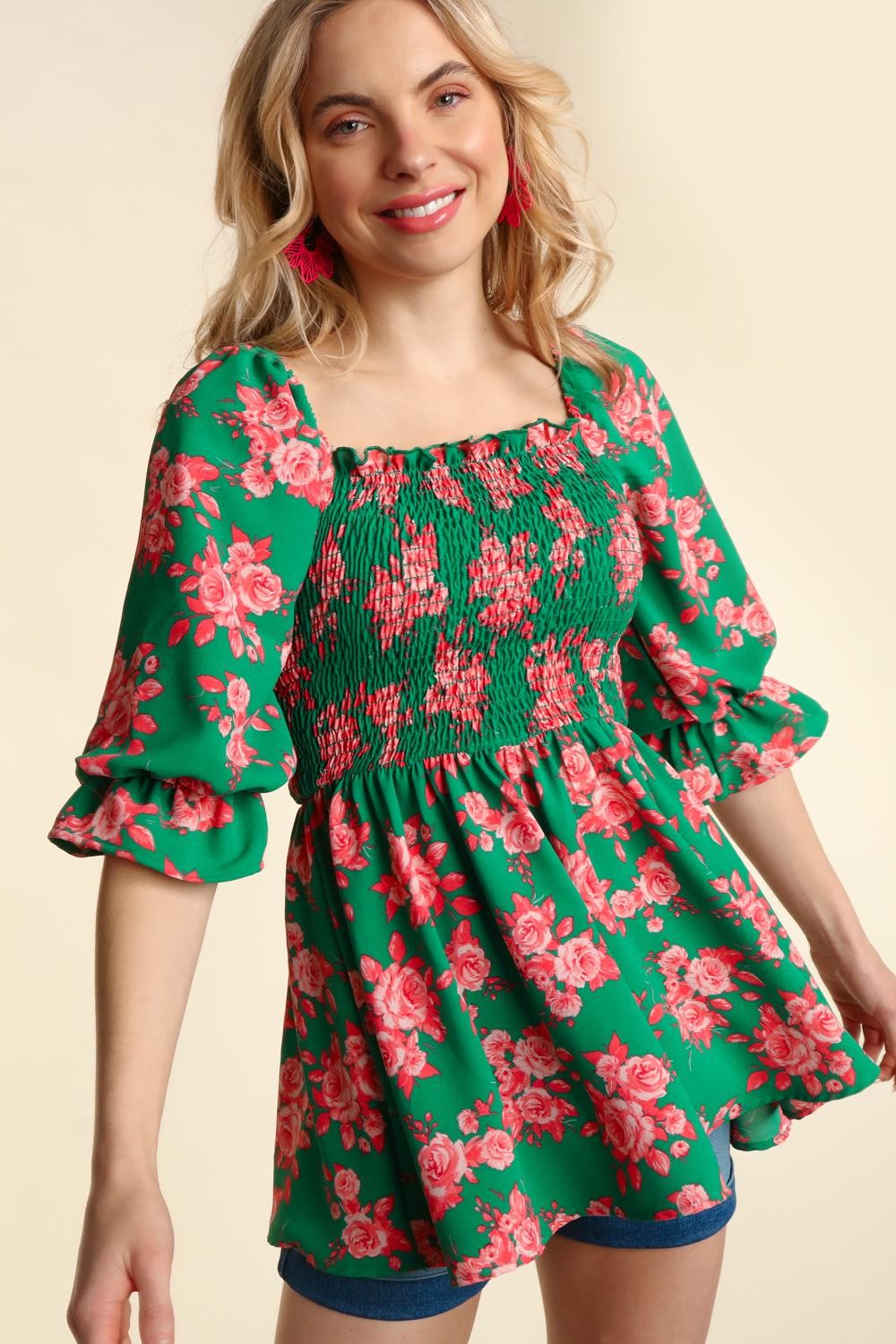 Green Coral Floral Smocking Fit & Flare Babydoll Woven Top