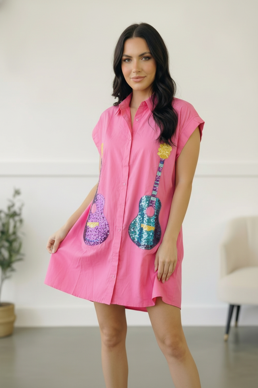 Pink Sequins Embroidered "Guitar" Dress