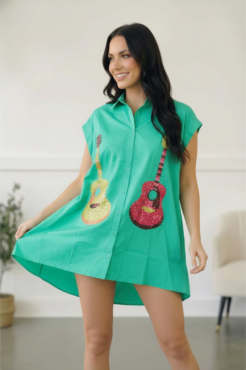 Emerald Sequins Embroidered "Guitar" Dress