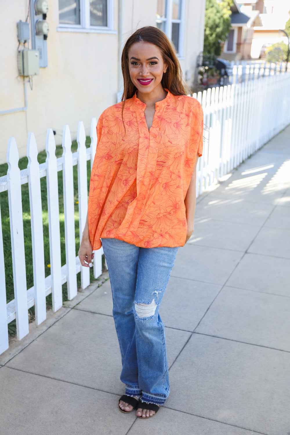 Tangerine Floral Woven Top