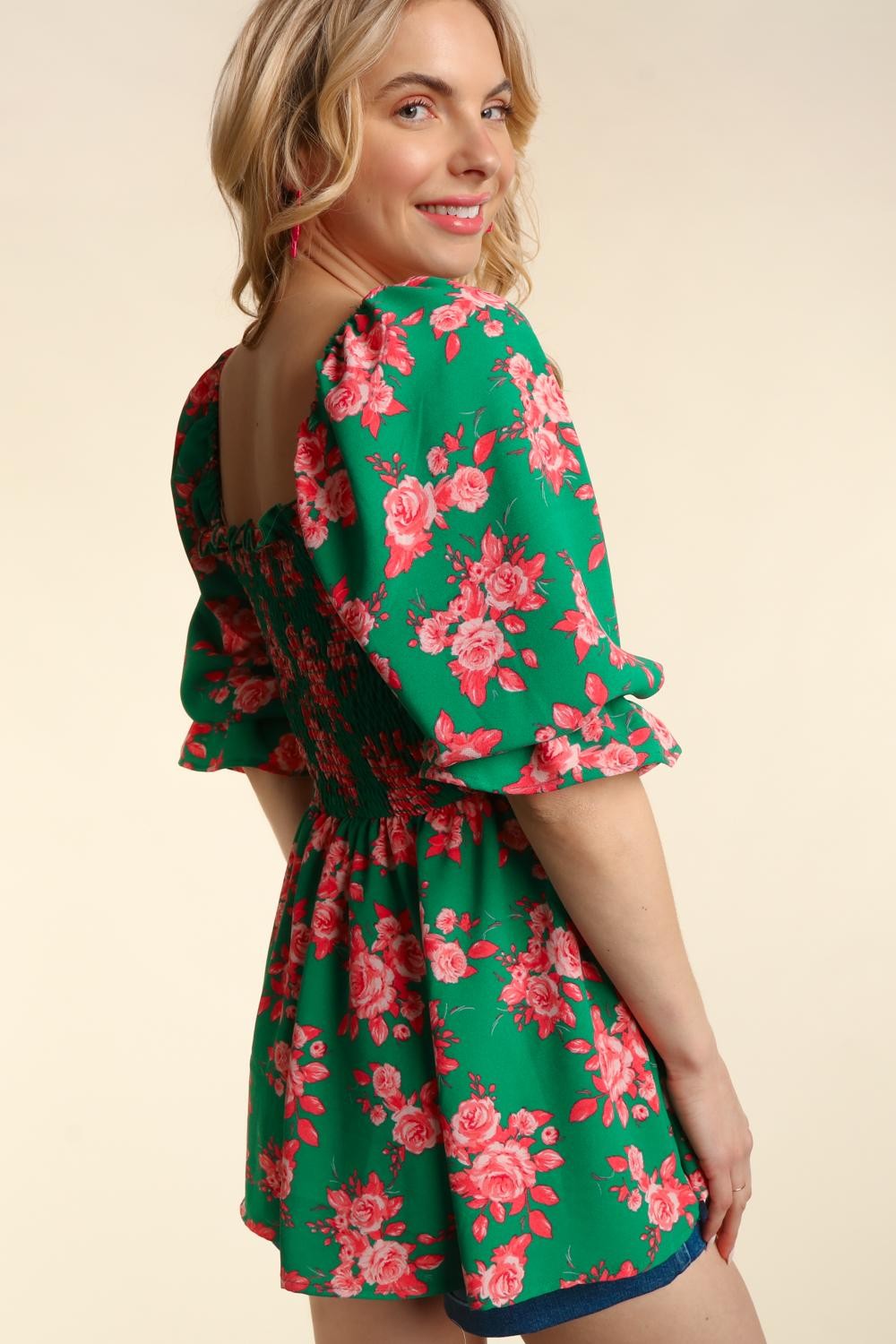 Green Coral Floral Smocking Fit & Flare Babydoll Woven Top