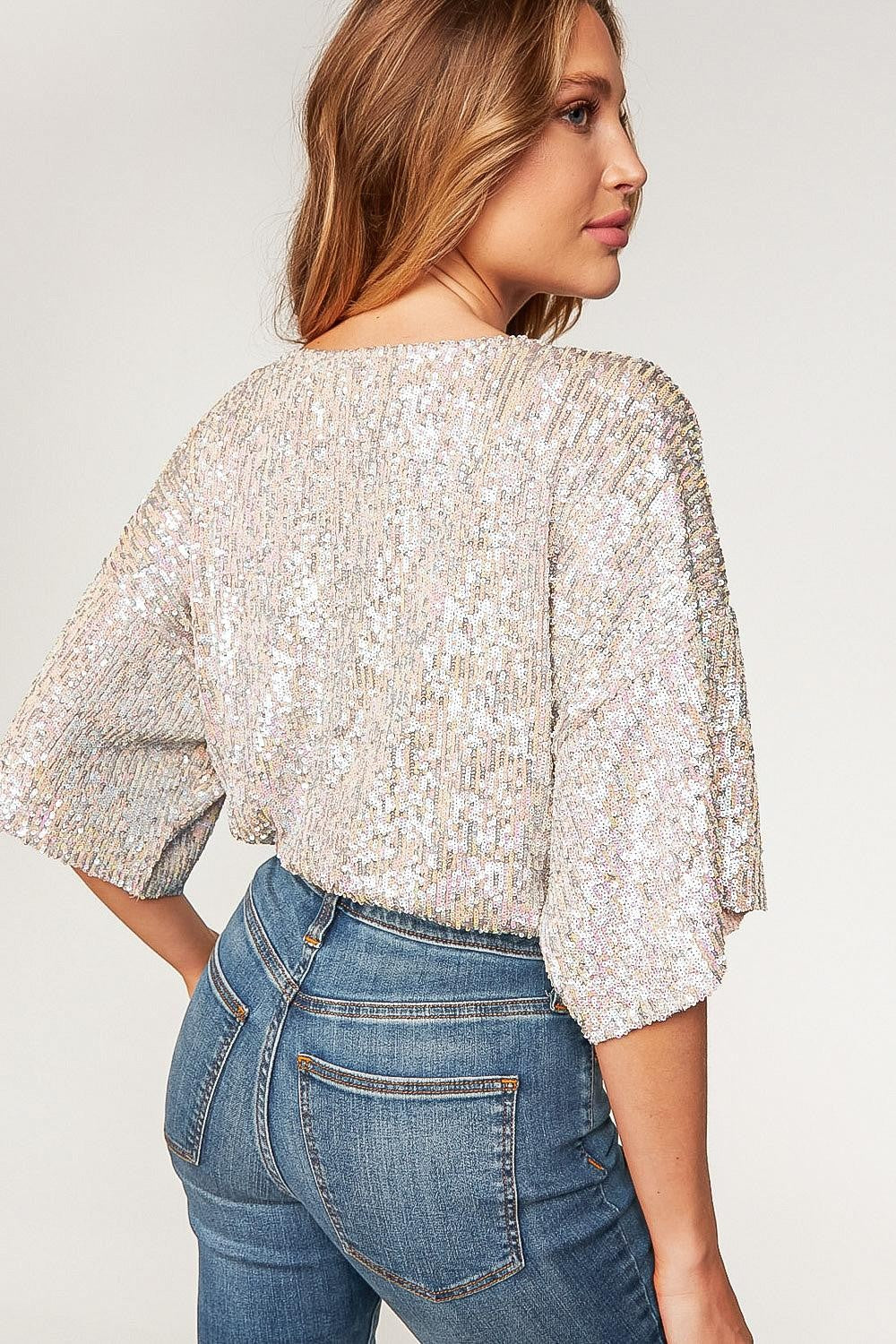 PLUS ELASTIC WAIST CROPPED LOOSE FIT SEQUINS TOP