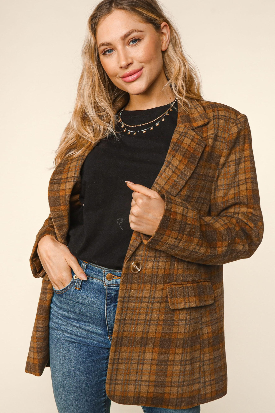 PLUS PLAID COLLAR AND LAPEL BUTTON DOWN BLAZER