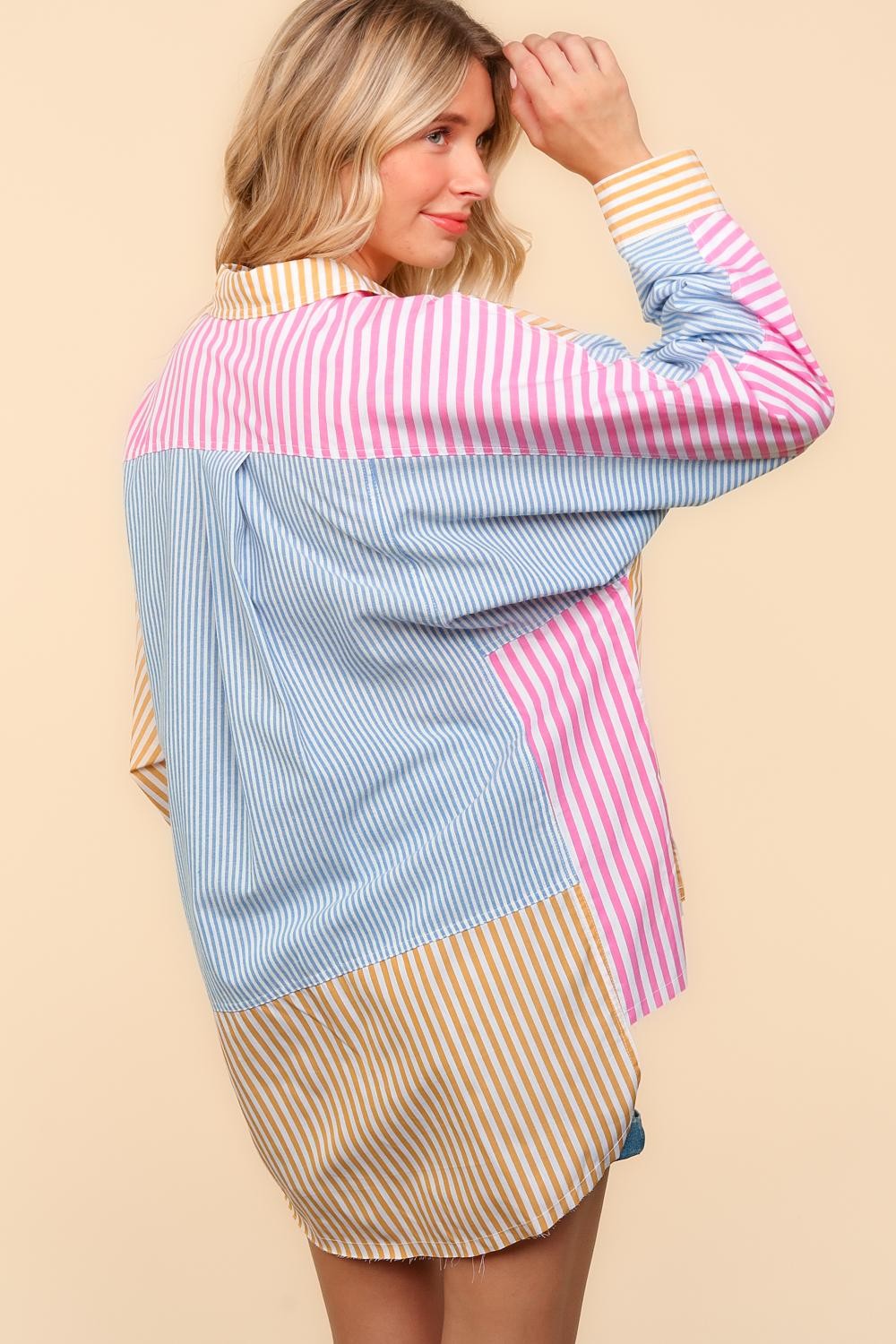 STRIPE PATCHWORK BUTTON DOWN WOVEN TOP