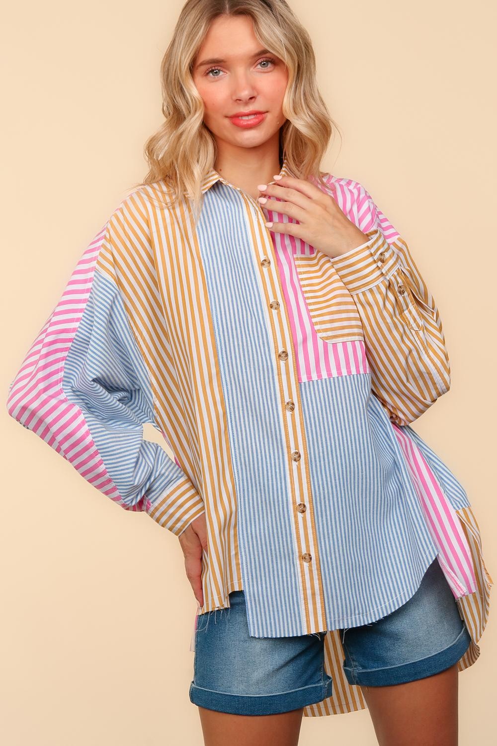 STRIPE PATCHWORK BUTTON DOWN WOVEN TOP