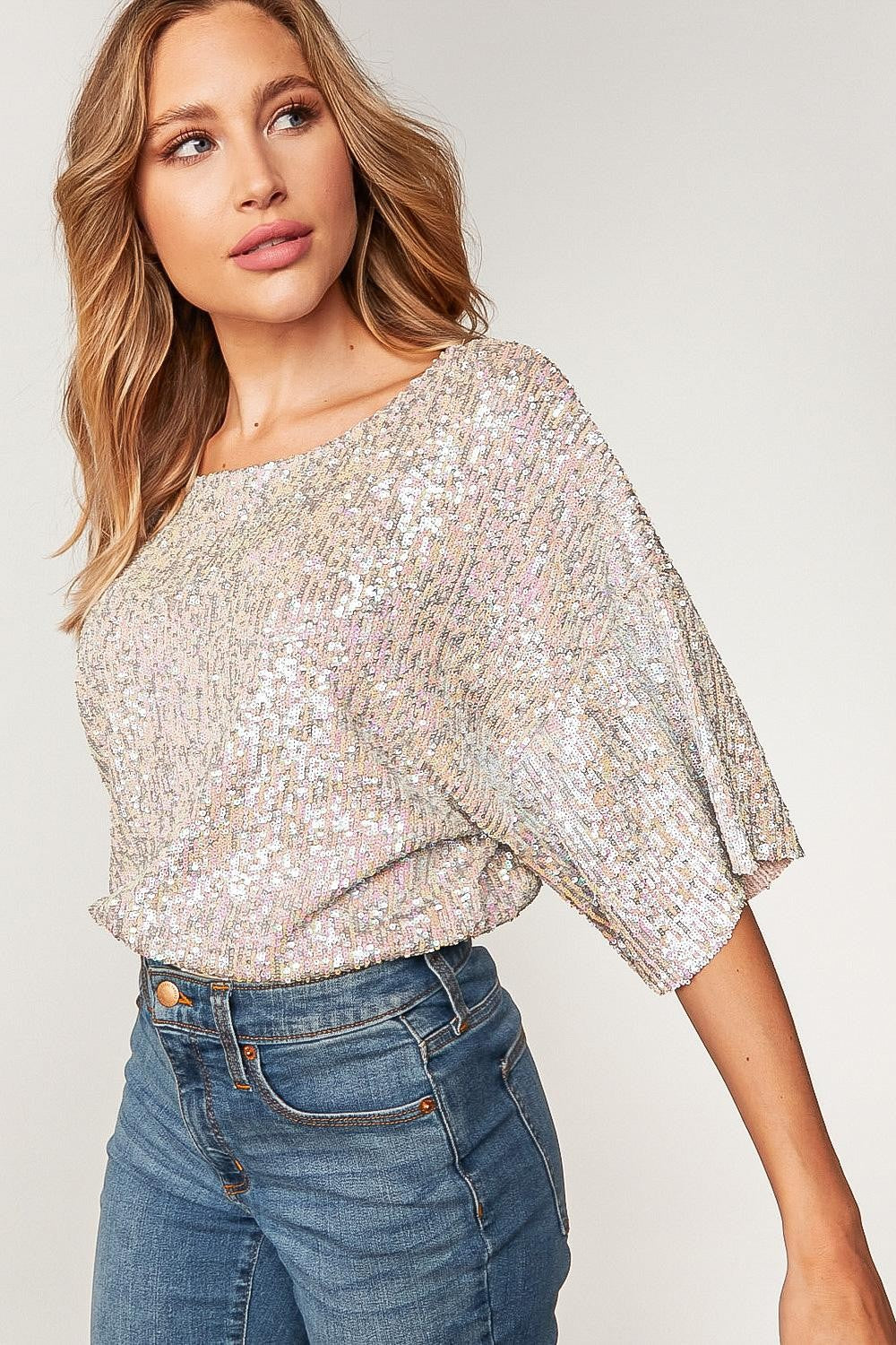 PLUS ELASTIC WAIST CROPPED LOOSE FIT SEQUINS TOP