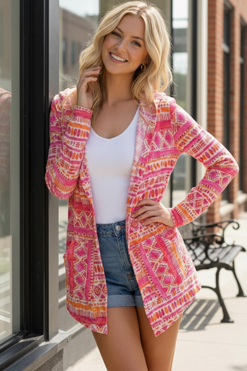 Coral Multi Printed Thermal Hoodie Casual Cardigan