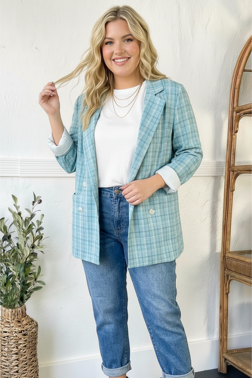 Plus Turquoise Double Breasted Collar Lapel Blazer