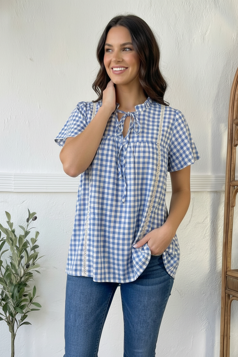 Blue Plaid Crochet Inset Blouse