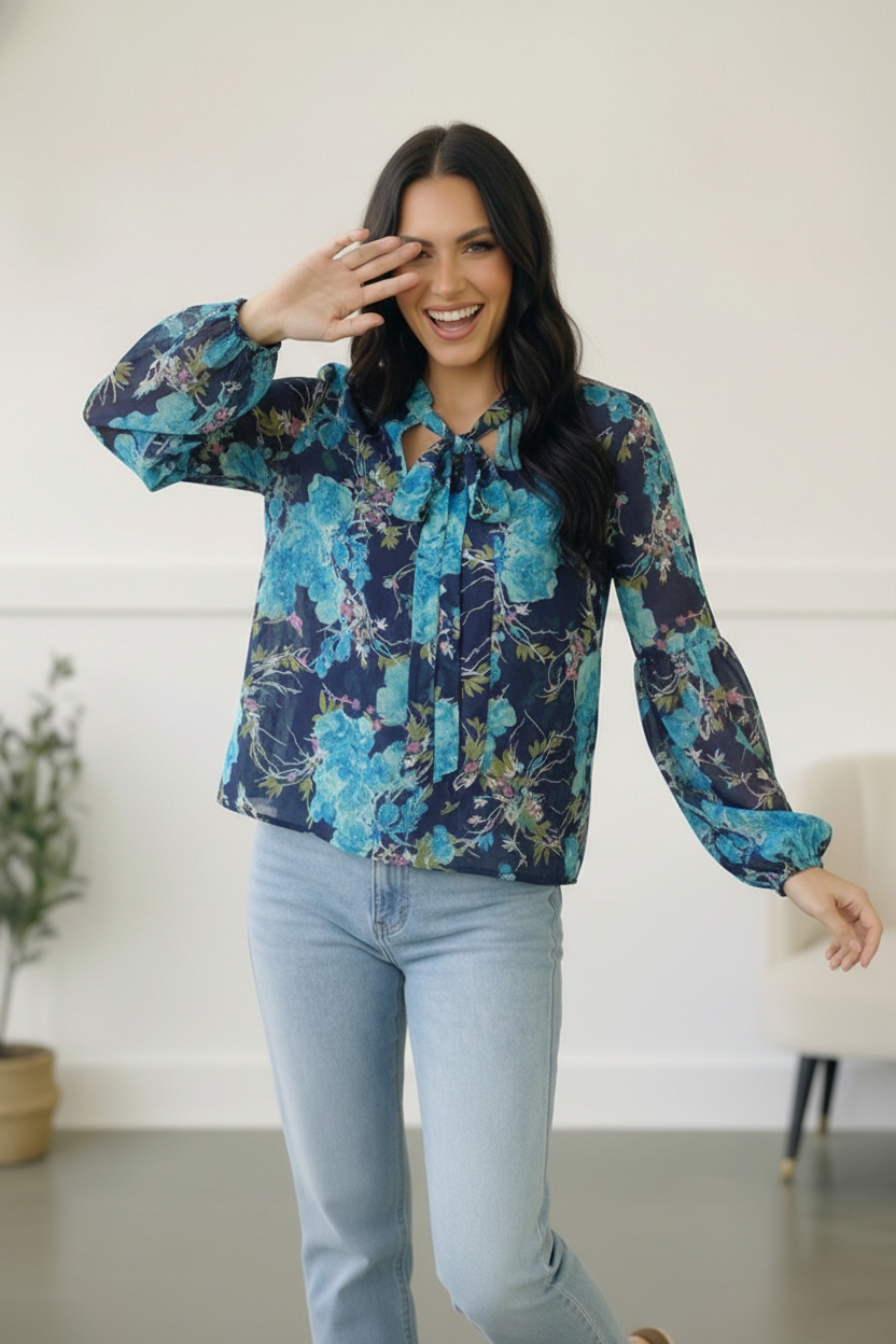 Navy Floral Sheer Blouse
