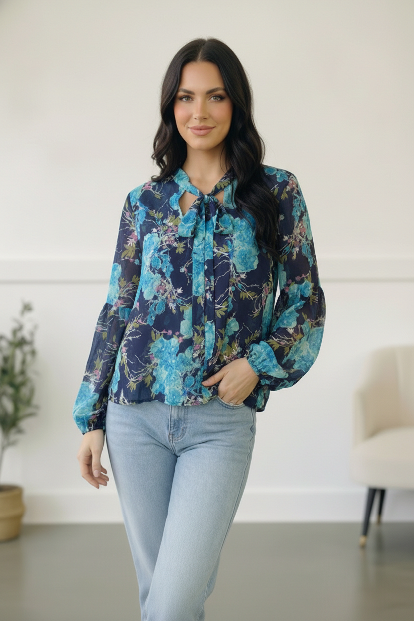 Navy Floral Sheer Blouse