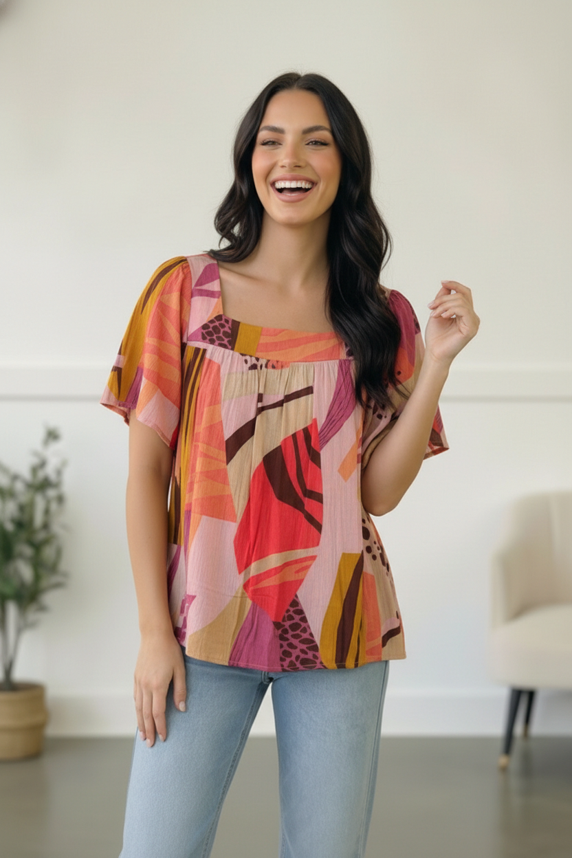 Pink Multi Animal Woven Blouse