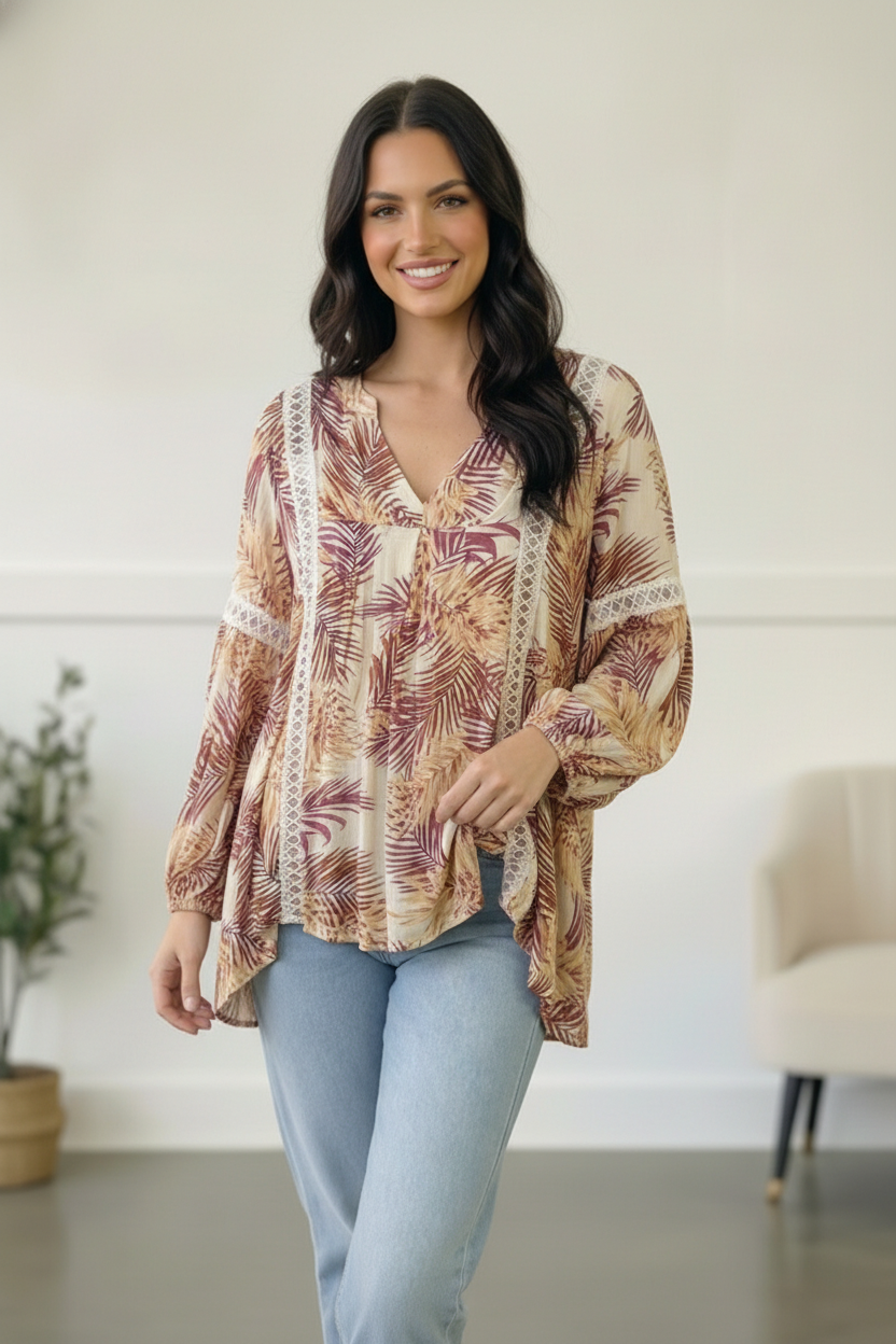 Coral Crochet Tropic Print Blouse