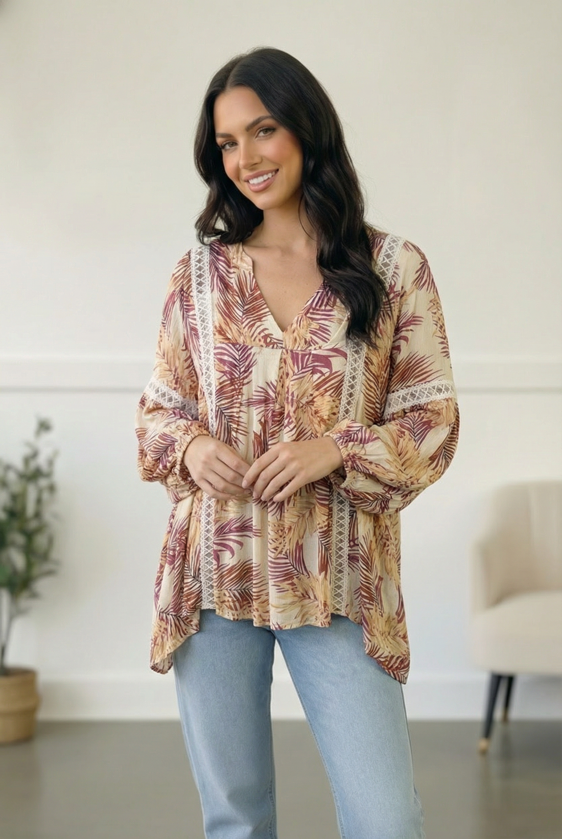 Coral Crochet Tropic Print Blouse