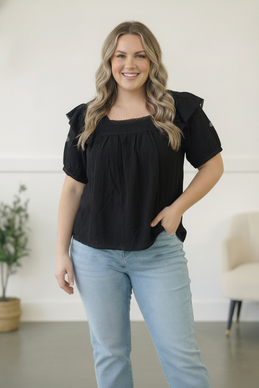 Plus Black Crochet Embellished Cotton Top