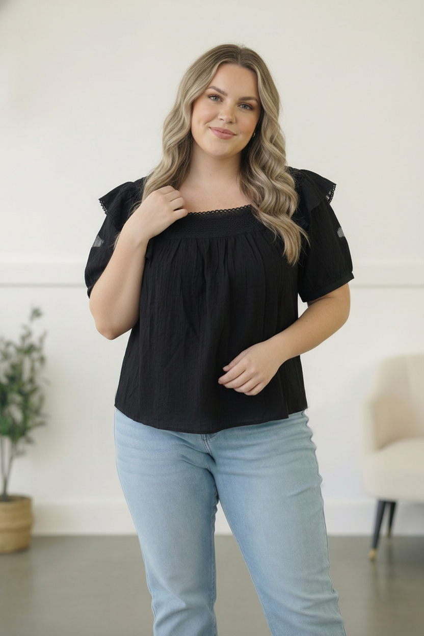 Plus Black Crochet Embellished Cotton Top