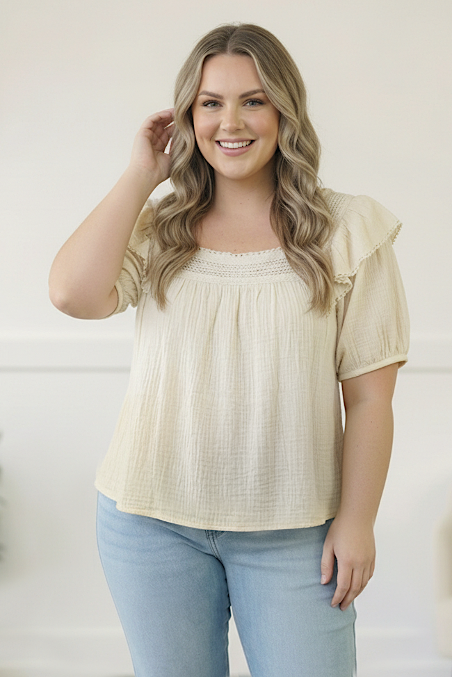 Plus Ivory Crochet Embellished Cotton Top