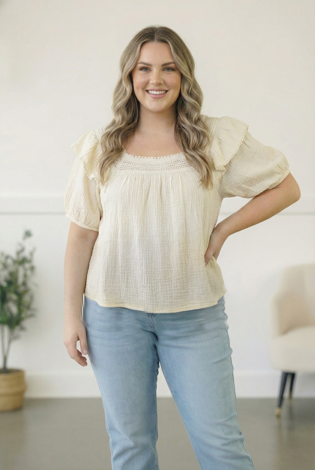 Plus Ivory Crochet Embellished Cotton Top