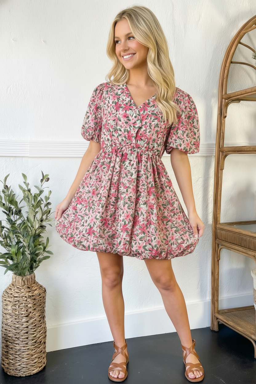 Plus Pink Floral Woven Bubble Design Cotton Dress