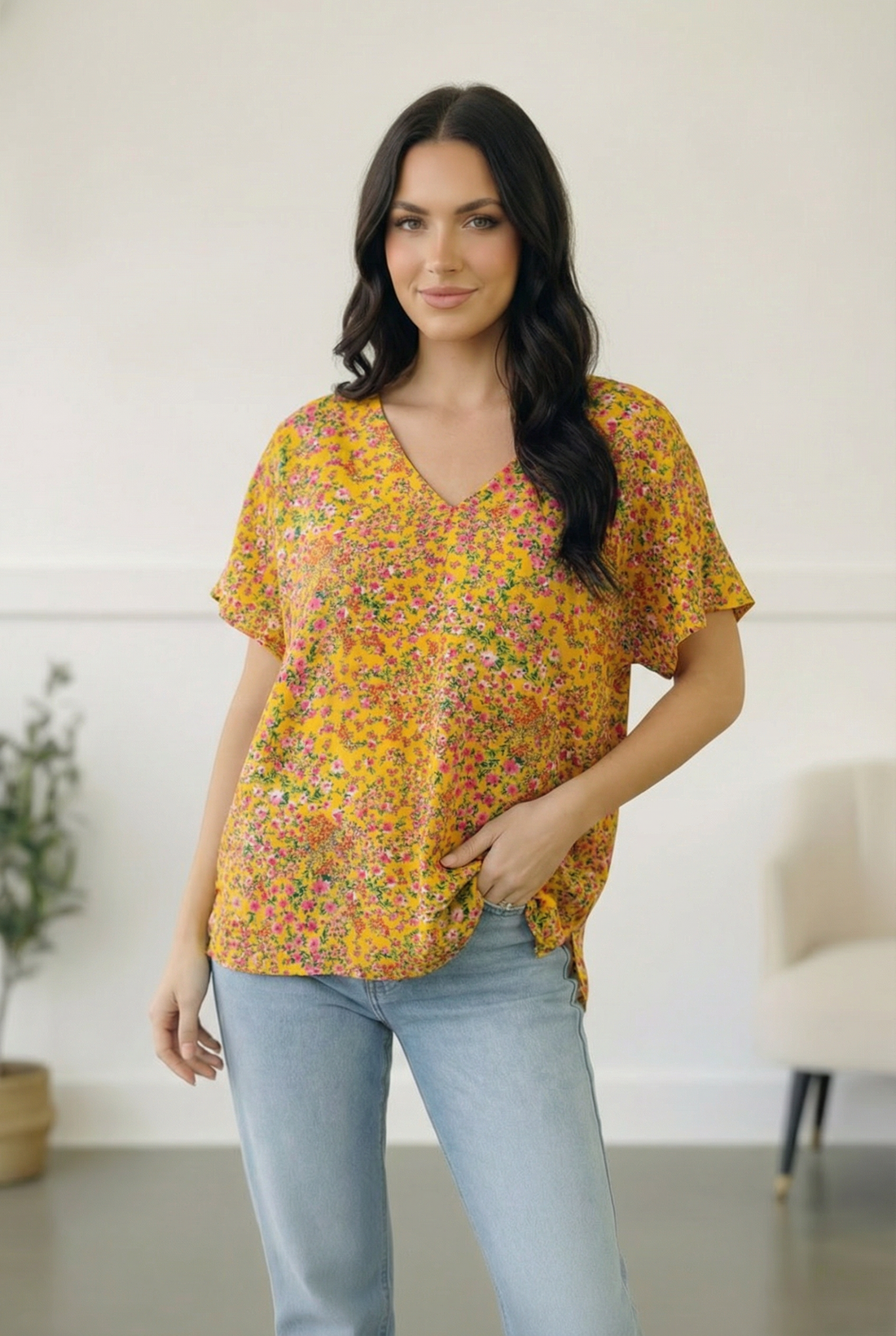 Plus Yellow Floral Woven Blouse