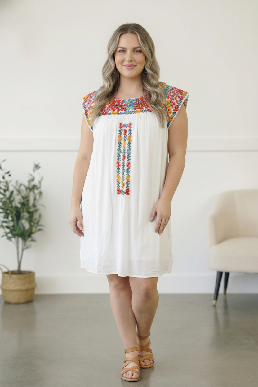 Plus Lined Ivory Embroidered Dress