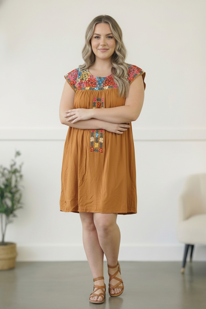 Plus Lined Marigold Embroidered Dress