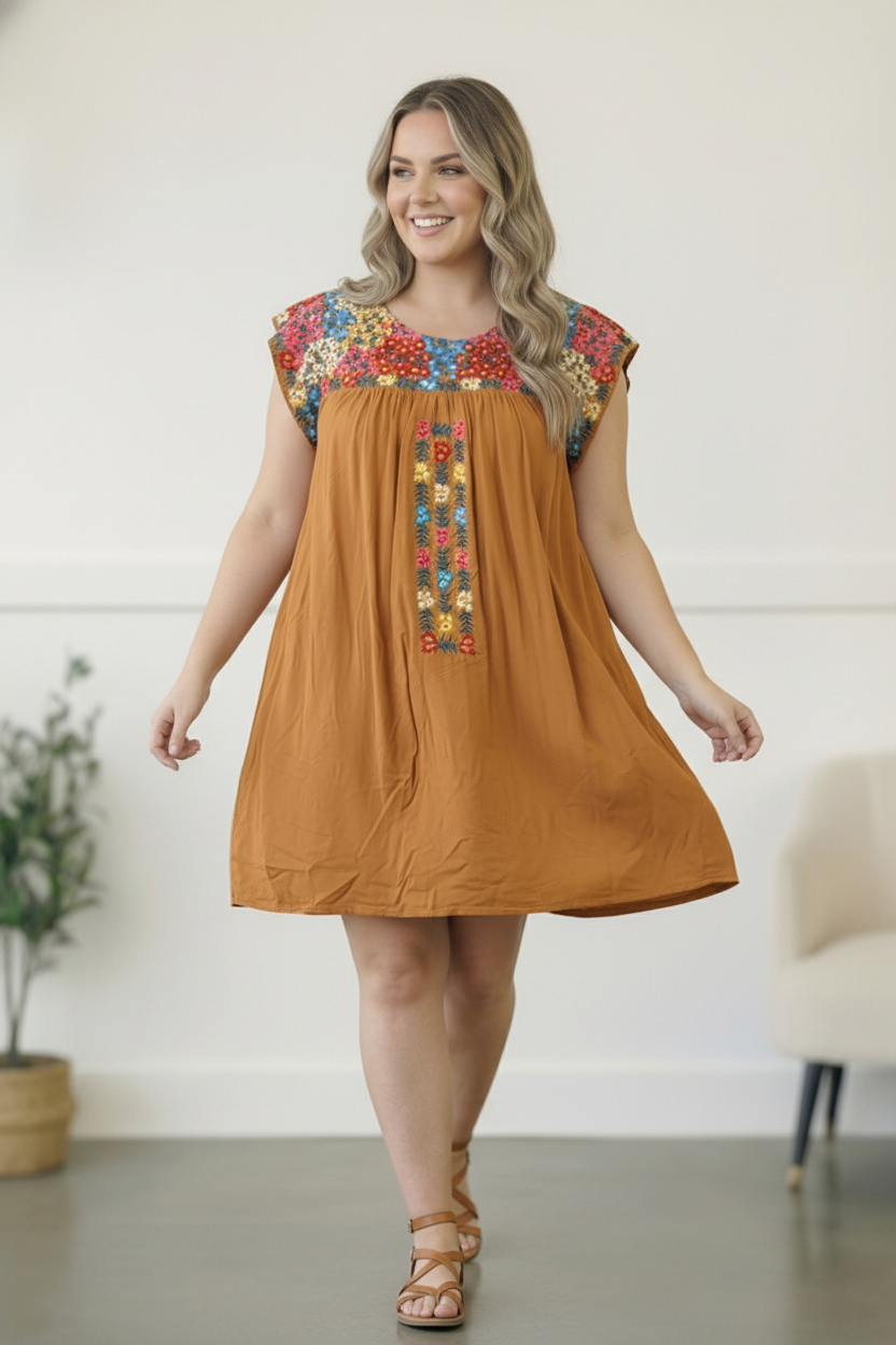 Plus Lined Marigold Embroidered Dress