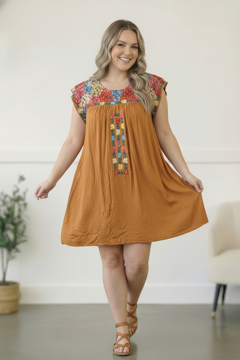 Plus Lined Marigold Embroidered Dress
