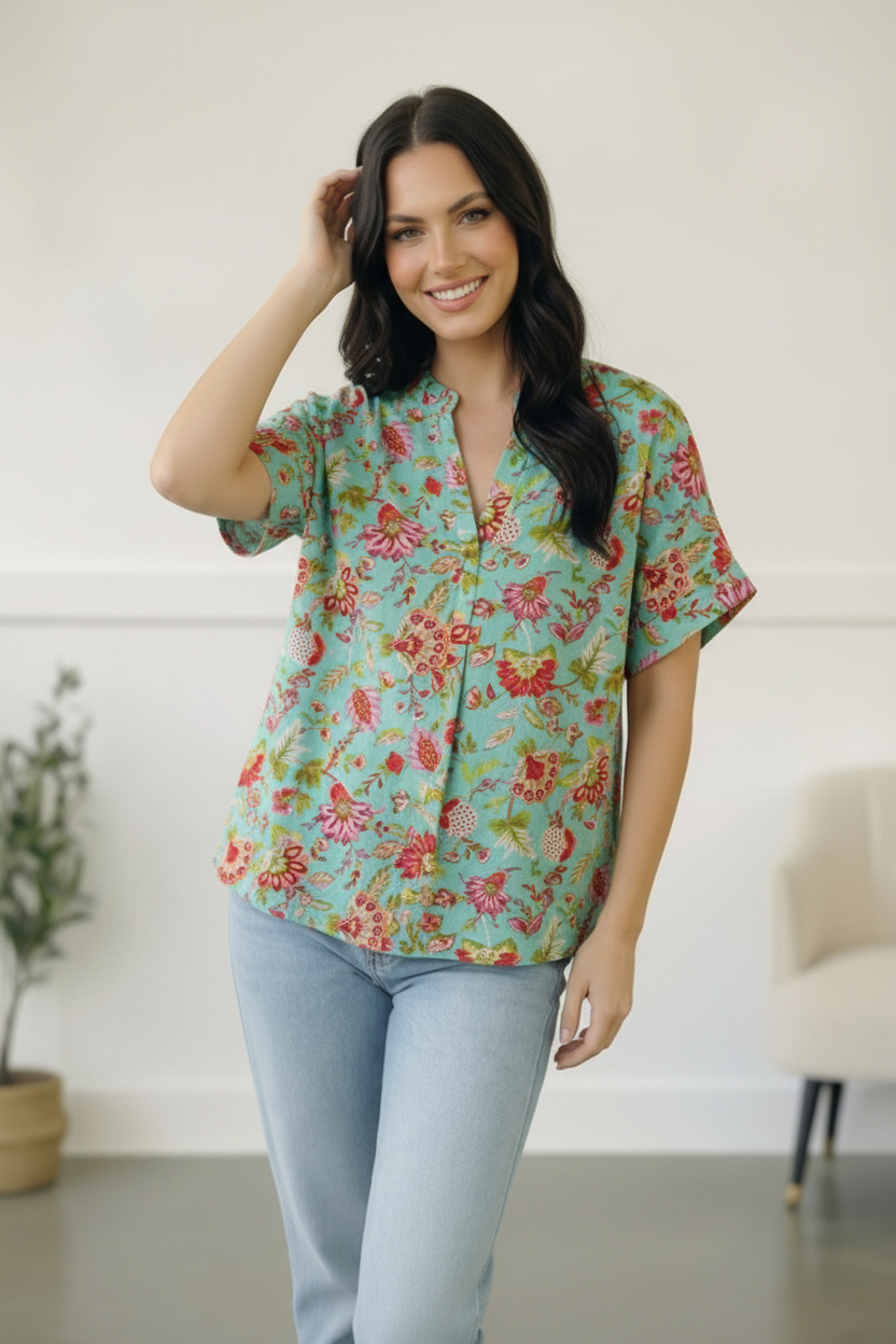 Mint Floral Woven Blouse